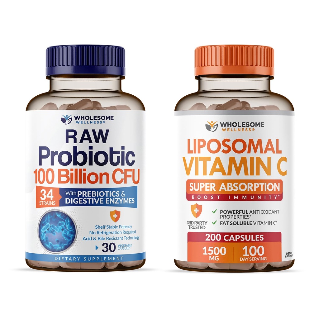 Allsome Wellness Organic Probiyotiks 100 Milyar CFU, Dr Women and Men + Liposomal Vitamin C Capsules (200 Pills 1500 mg Buffered) Yüksek Abvitamin VIT C Sche