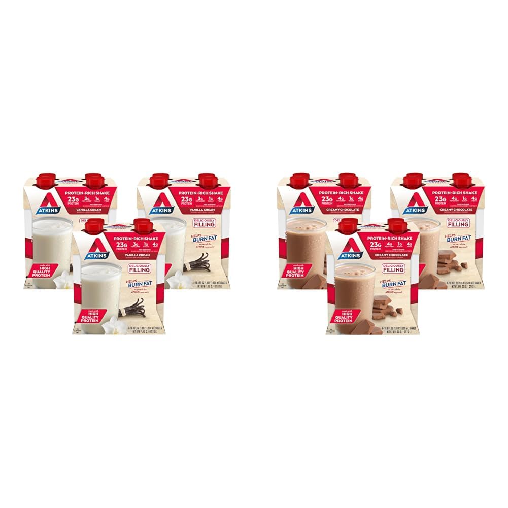 Atkins Vanilla Cream Meal Size Protein Shake, 23g Protein & Creamy Chocolate Meal Size Protein Shake, 23g Protein, Low Glycemic, 4g Net Carb, 1g Sugar, Keto Friendly, 12 Count