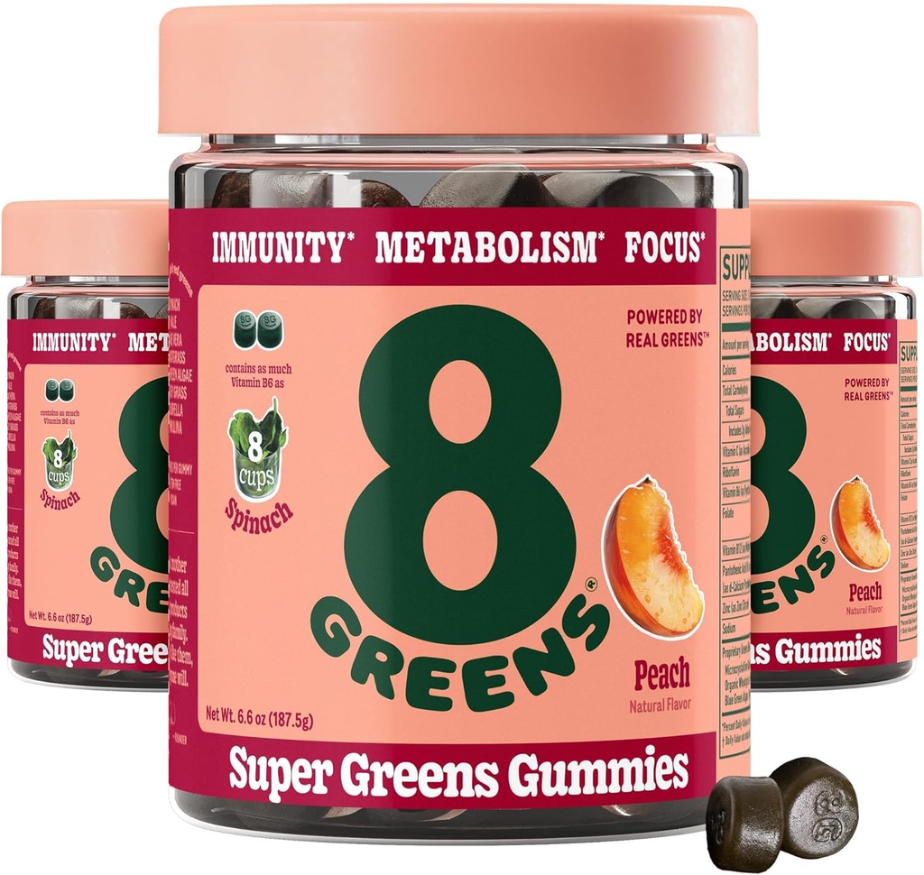 8Greens Supergreens Gummies | Super Greens Powder Superfood Gummy for Metabolism, Immunity & Focus, Digestive Health Enzymes, Organic: Chlorella, Spirulina, Aloe Vera, Peach Flavor, 150 Count