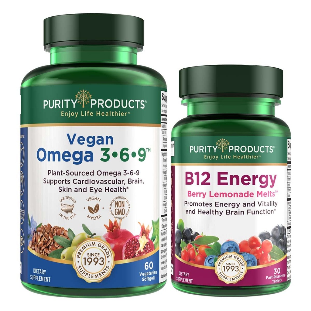 Saf Ürünler Planlama - Vegan Omega 3-6-9 + B-12 Enerji Melt Omega 3-6-9 ("5 in 1" Plant-Based Omega 3 6 9 Essential Fatty Acid Complex) - B12 Berry Melt (Methylcobalamin B12 + B6 + D3 + Daha Fazla)