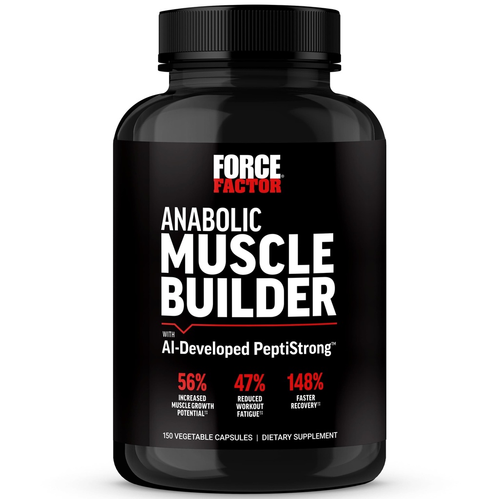 Force Factor Anabolic Muscle Builder, Muscle Building Support Supplements for Men, Supports Muscle, Strength, and Recovery, Reduces Fatigue, with AI-Developed PeptiStrong, 150 Capsules