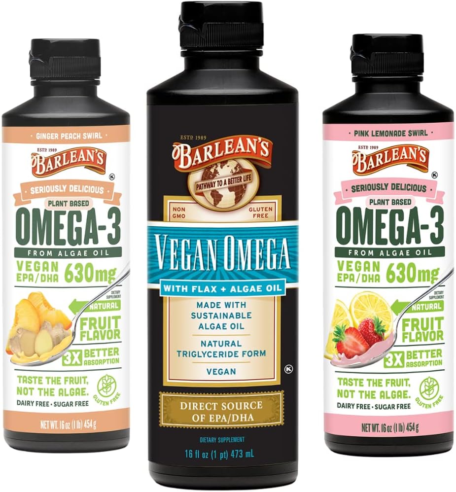 Barlean'ın Vegan Omega 3 Algae Oil Liquid Supplement Sche, Flaxseed ve Algae Oil Mix, Ginger Peach ve Pink Lemonade Flavors, EPA ve DHA Fatty Asits