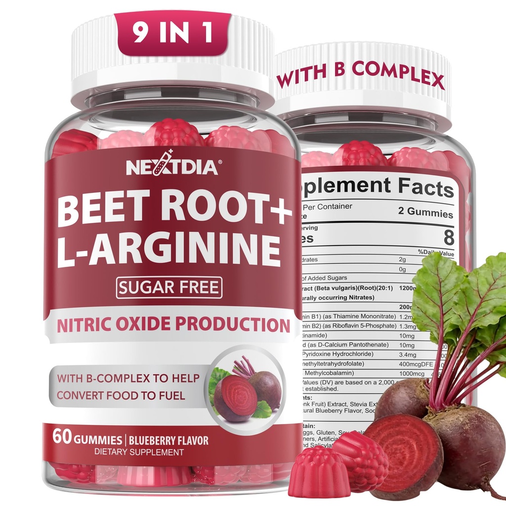 Beet Root Gummies & L-Arginine, Nitrik Oksit Men & Women w/Organic Beets, B1, B2, B3, B5, B6, Folate, B12 for Energy Boost & Circulation Support, Sugar Free, 120 Cts