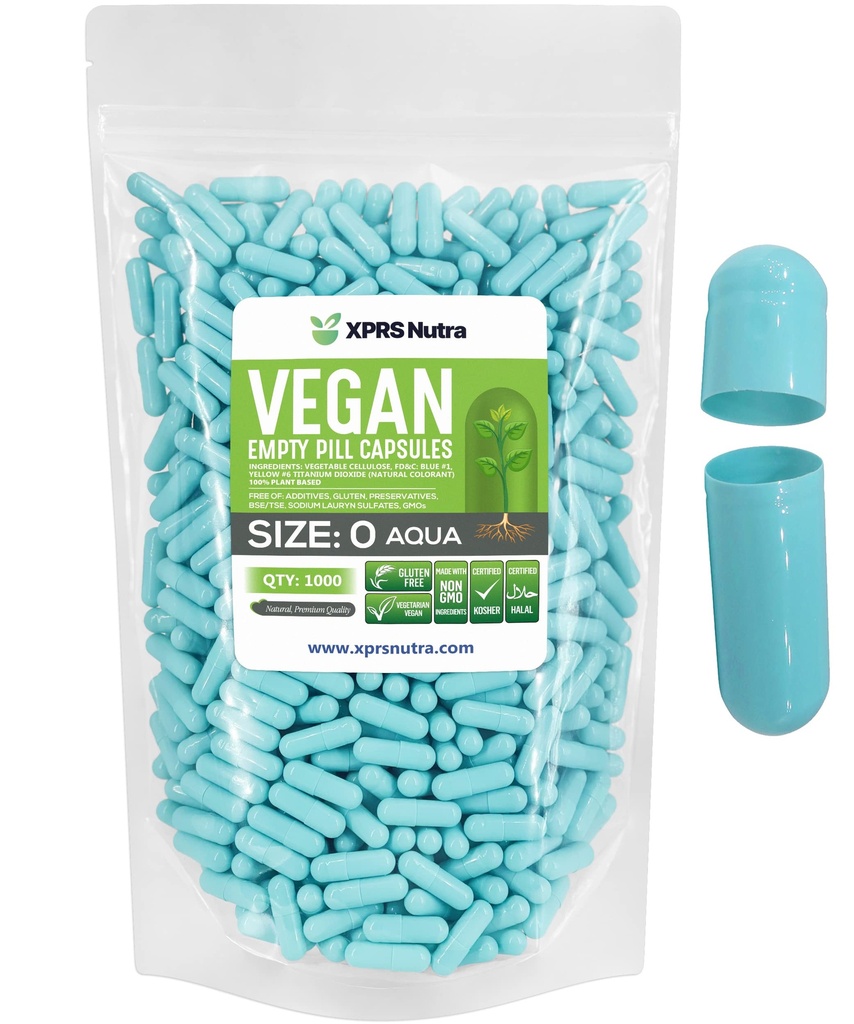 XPRS Nutra Boyutu 0 Boş Kapsüller - 1000 Kont Boş Vegan Capsules - Vejetaryen Pills - DIY Sebze Kapsülü - Veggie Pill Gel Caps For Do-It- Yourself Supplements (Aqua)