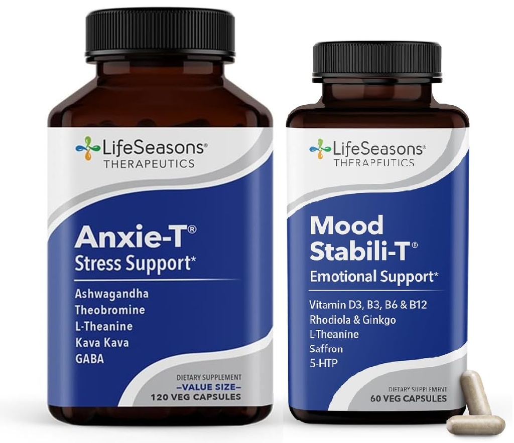 LifeSeasons Anxie-T with Mood Stabili-T - Supports Mood & Mental Focus - Feel Calm and Relaxed - Eases Tension & Nervousness - Ashwagandha, Kava Kava, GABA & L-Theanine - 180 Capsules
