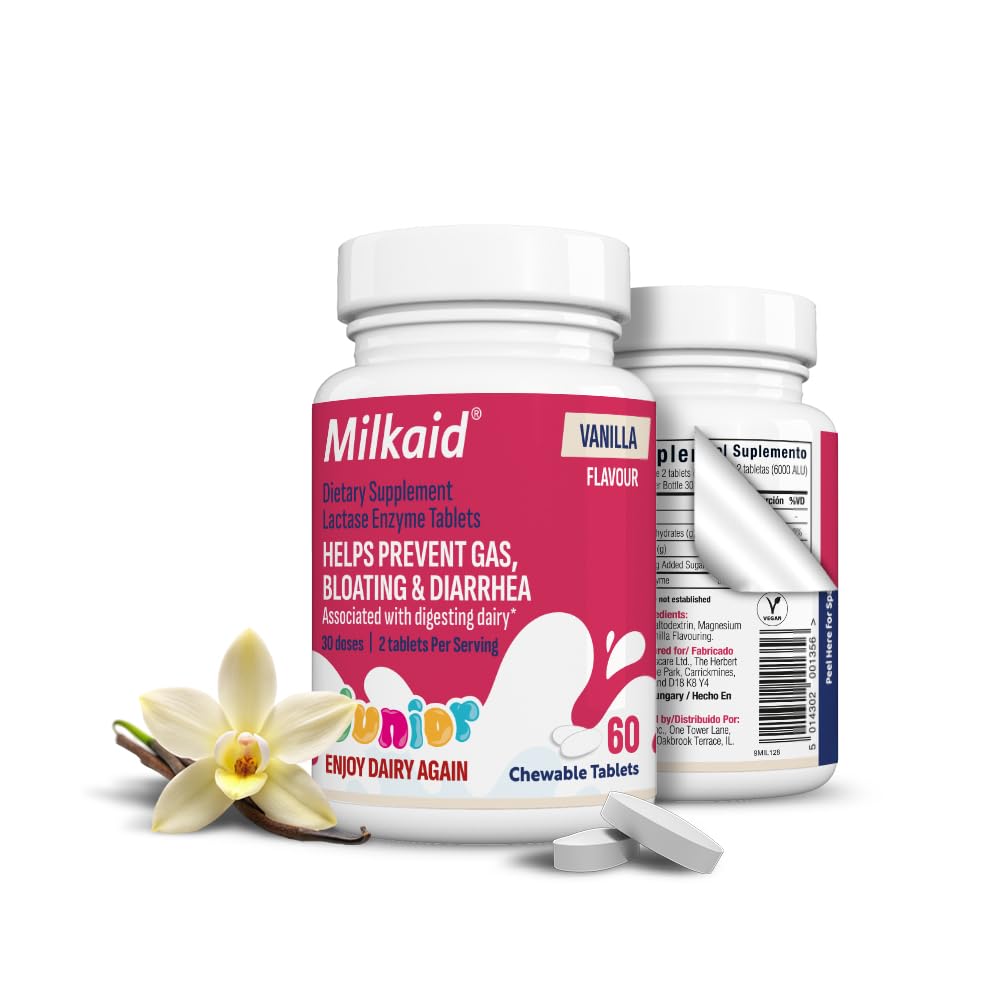 Sütaid Junior Lactase Enzyme, Lactose intolerance | Engeller Gaz, Bloating, Diarrhea in Children / Fast Acting Dairy Digestive Supplement for Kids / 60 ct (60 Tablet, Vanilla)