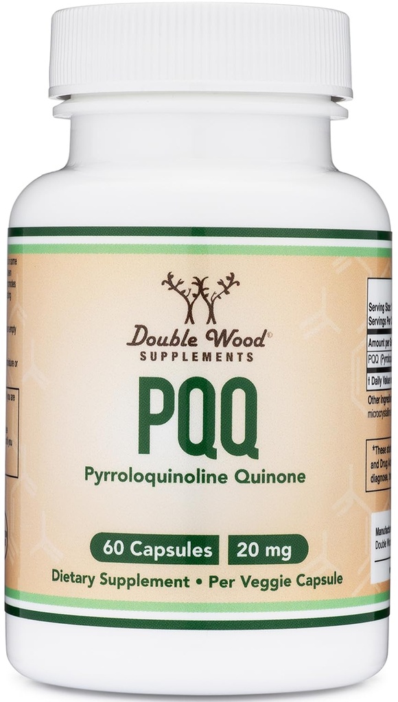 PQQ Supplement - 20mg, 60 Capsules (Pyrroloquinoline Quinone) Promotes Mitochondria ATP Coenzyme Levels, Energy Optimizer and Sleep Support (Non-GMO, Gluten Free, Vegan Safe) by Double Wood