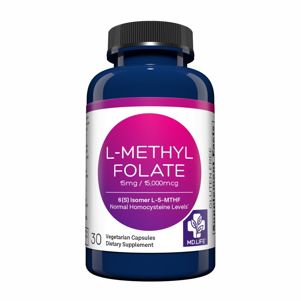 MD Life L-Methylfolate 15 mg Supplement - Professional-Grade Active LMethylfolate Supplement - 30 Capsules - L-Methylfolate 15mg - Maximum Potency MTHFR w/Essential Amino Acids