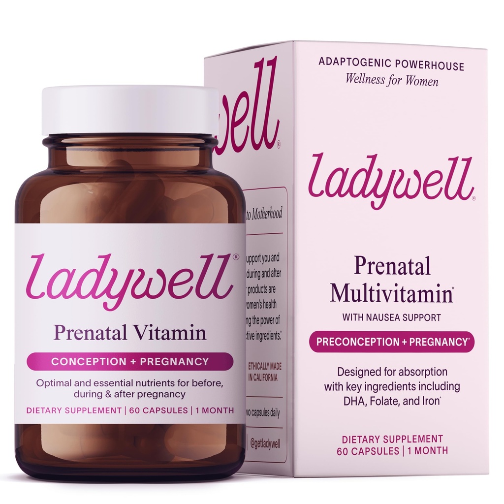 Ladywell Prenatal Multivitamin | Conception, Gebelik & Postpartum | Key Materialss Including DHA, Folate & Iron | Uzman olarak ayarlanmış ve Test Edilmiş | Nausea Support ile Aborpsiyon için Tasarlanmış, 60 Ct