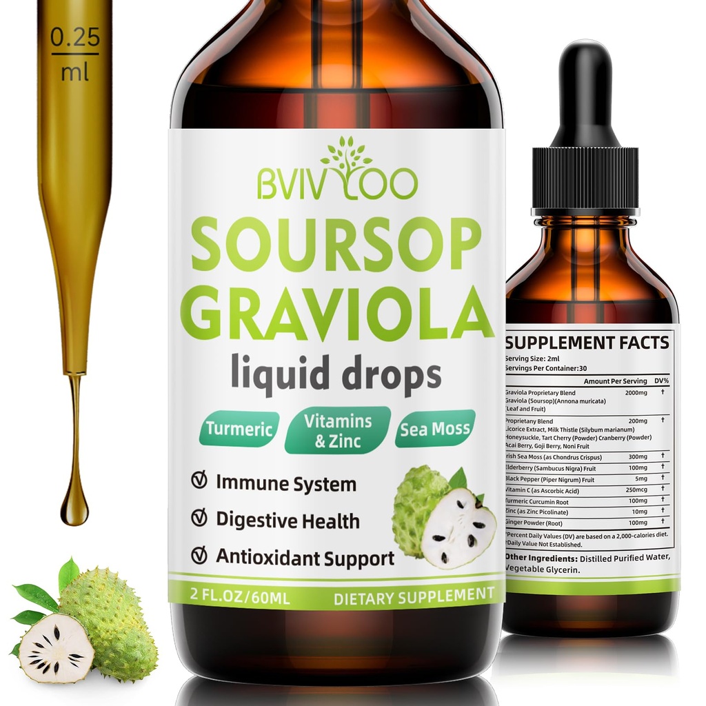 Soursop Graviola Liquid Drops - 2000 mg Pure Soursop Ekstraksiyon 300 mg Sea Moss & 100 mg Elderberry - Güçlü Hücre Desteği, Antioksi-Rich, Immune-Boosting - 2 Fl Oz (60 ml) Şişe