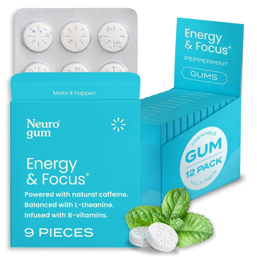 Neuro Gum | Nootropic Energy Caffeine Gum | 40mg Caffeine + 60mg L-theanine + B Vitamins for Energy and Focus | Sugar Free + Vegan + Keto | Caffeine Supplement for Adults Mint Flavor (108 Count)