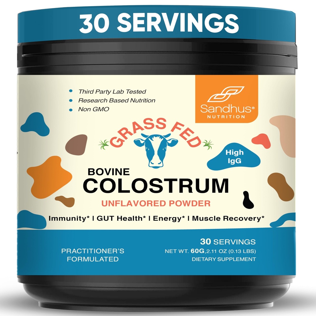 Sandhu's Grass Fed Bovine Colostrum Toz for Humans, Yetişkinler | 30 Hizmetler (G 1) İnekler Supplement | Yüksek IgG for Gut Health | Immunity & Muscle Recovery Support | Unflavored | for Men & Women