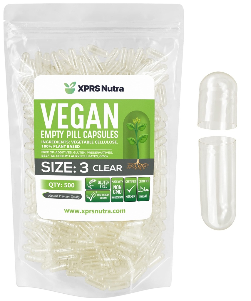 XPRS Nutra Size 3 Empty Capsules - 500 Count Clear Empty Vegan Capsules - Vegetarian Pills - DIY Vegetable Capsule Filling - Veggie Pill Caps for Do It Yourself Supplements