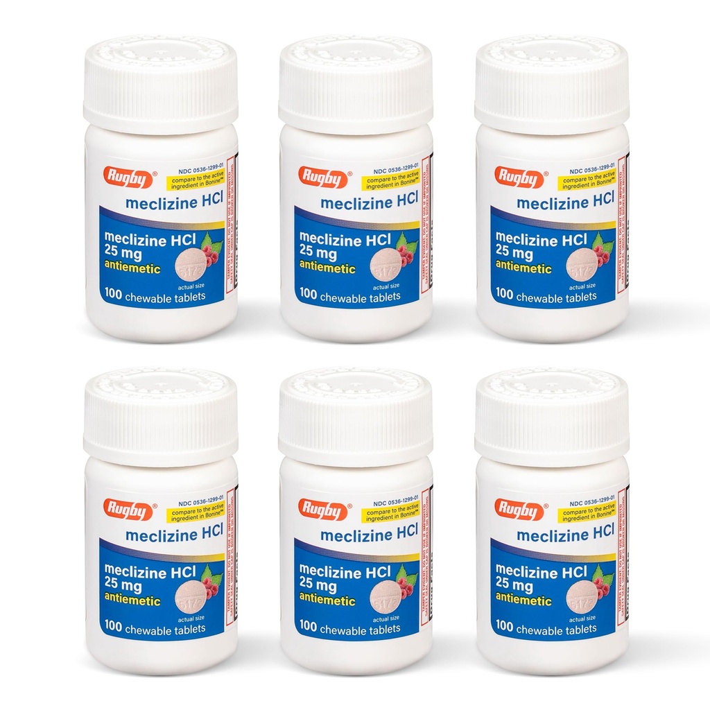 Rugby Meclizine Chewable Tablets 25mg - Anti-Nausea Medicine Helps with Motion Sickness - 100 Count (6 Pack)