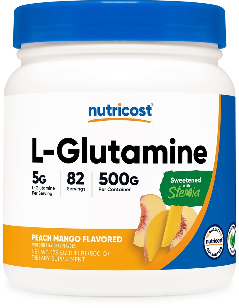 Nutricost L-Glutamine Toz Stevia (500 Grams, Peach Mango) - Gut Desteği için Tamam, 5 Grams of L-Glutamine Per Service - Gluten Free, Non-GMOMO