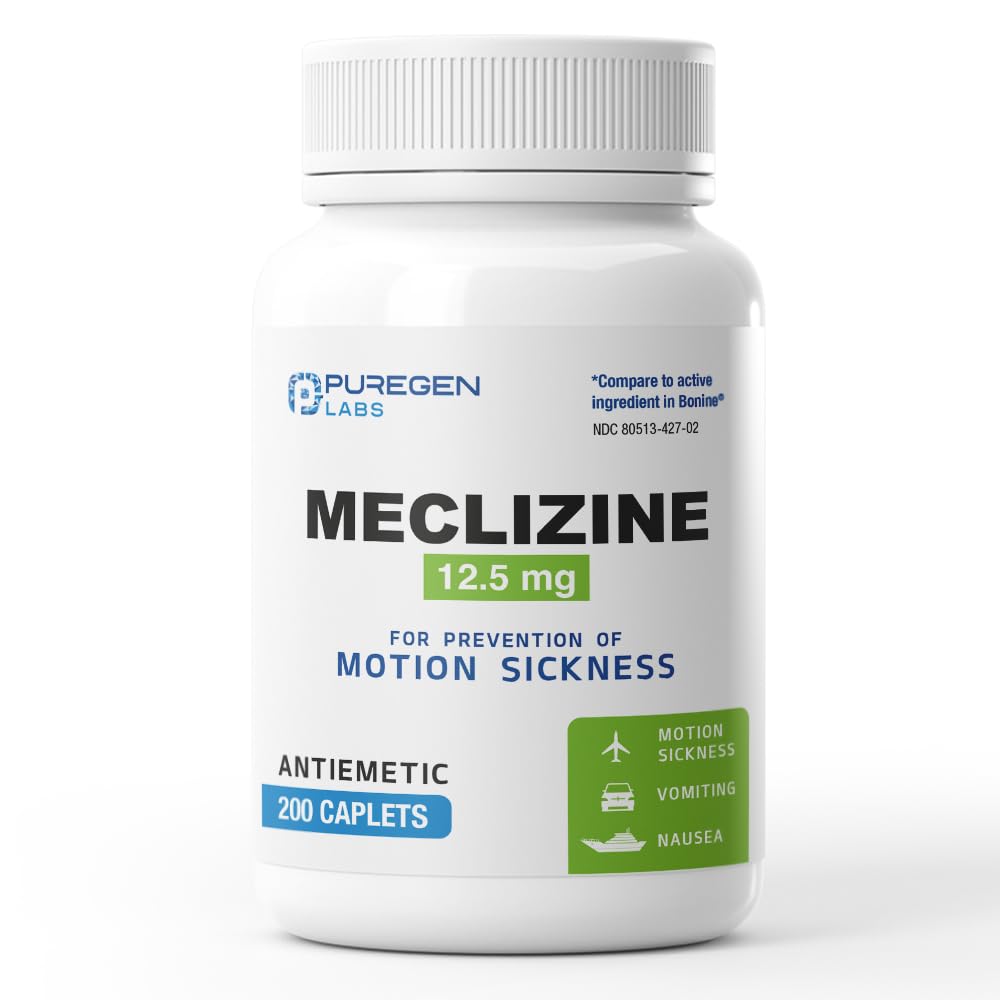 Puregen Labs Meclizine 12.5 mg Antiemetic 200 Caplets | Motion Sickness Relief - Prevent Nausea, Vomiting, and Dizziness | Dairy Free | Value Pack – 200 Caplets