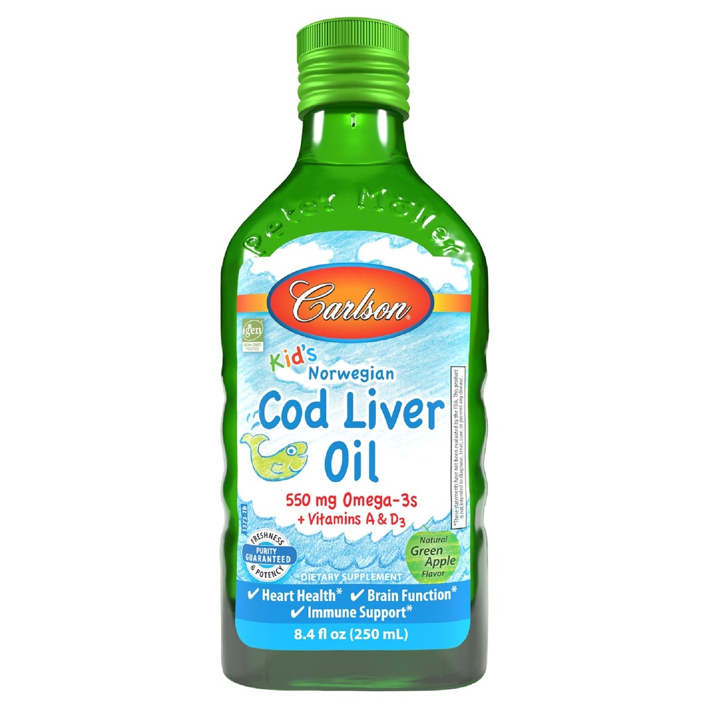 Carlson - Kid's Cod Liver Oil, 550 mg Omega-3s, Plus Vitamins A ve D3, Sıvı Fish Oil, Wild Caught Norveç Arctic Cod, Sustainable Sourced Nordic Fish Oil, Green Apple, 250 mL (8.4 Fl Oz)