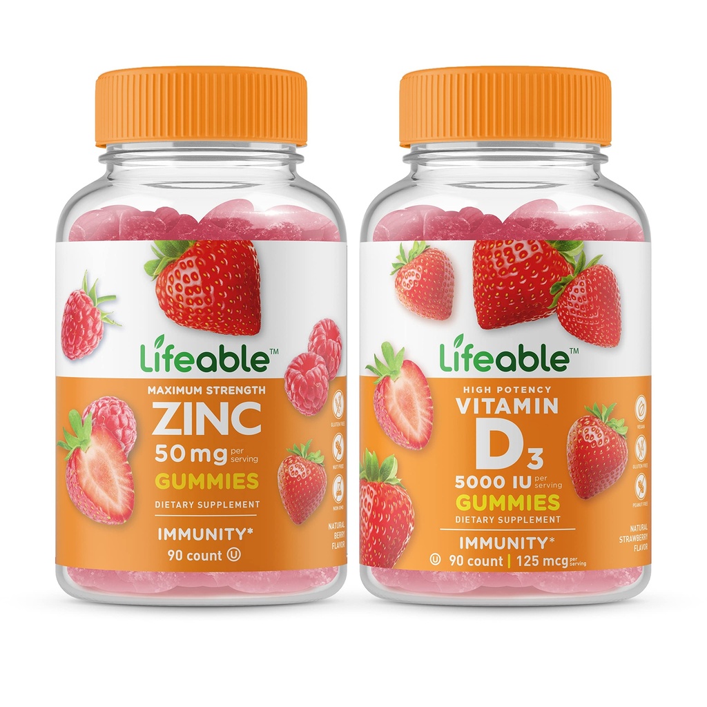 Lifeable çinko 50mg + D 5000 IU, Gummies Sche - Great Tasting, Vitamin Supplement, Gluten Free, GMO Free, Chewable Gummy Gummy