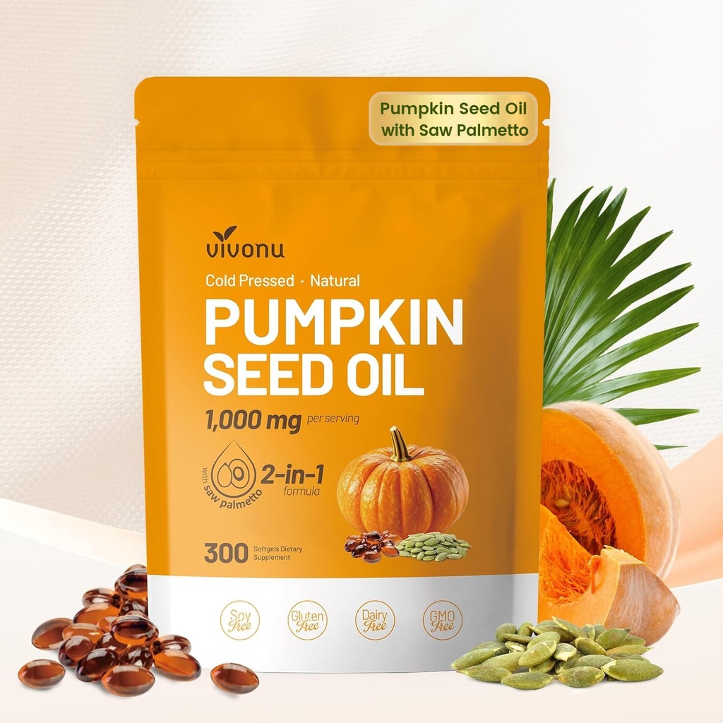 VivoNu Pumpkin Seed Oil with Saw Palmetto Capsules | Cold Pressed, Pure Virgin Oil, Essential Fatty Acids & Phytosterols | 300 SoftgelsSupports Hair, Urinary, Bladder & Prostate Health | Non-GMO