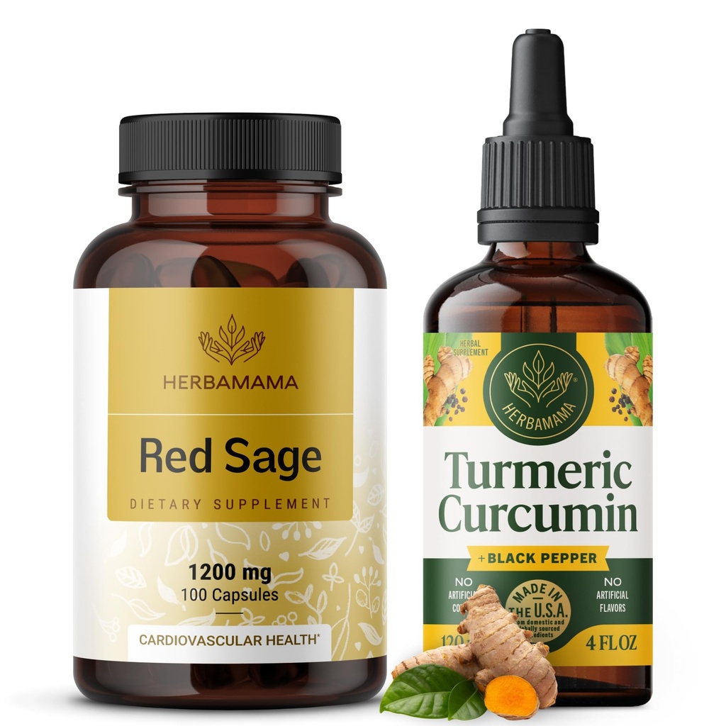 HERBAMAMA Red Sage ve Turmeric Kit - 1200 mg Red Sage Dan Shen Capsules & Turmeric Curcumin Drops 2 fl oz - Vegan, Non-GMO, Sugar & Alkol-Free - 2 Pack Red Sage Dan Shen Capsules & Turmeric Curcumin Drops 2 fl oz - Vegan, Non-GMO, Sugar & Alkol-Free - 2 Pack
