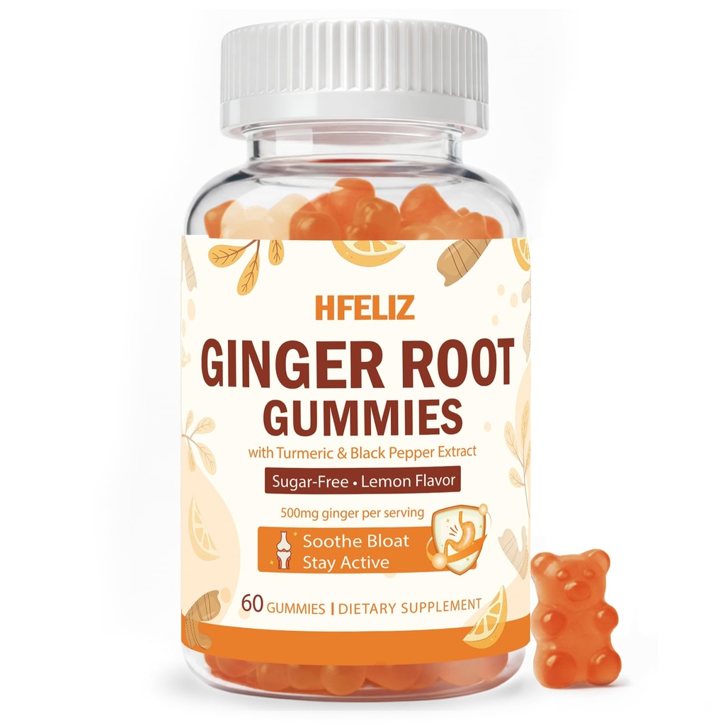 Ginger Gummies 500mg - Turmeric and Ginger Supplement for Digestion, Bloating & Mobility Support - Sugar-Free Lemon Flavor with Black Pepper Extract for Enhanced Absorption, 60 Count