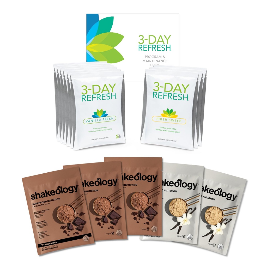 BODi 3-Day Refresh & Shakeology 0g Added Sugar Sampler Pack Bundle - Vegan & Whey Protein, Supergreens, Probiotics, Adaptogens & 16-17g Protein per Serving for Digestion, Wellness & Weight Loss