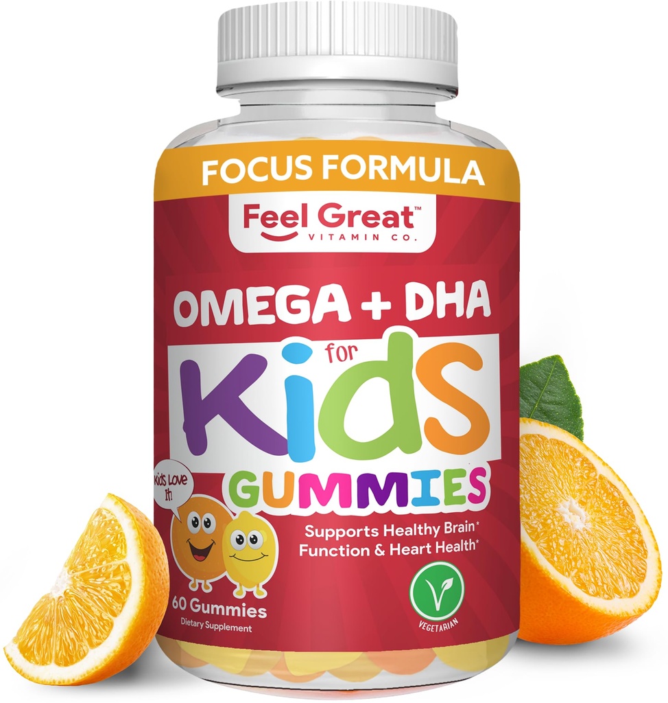 Çocuklar için Büyük DHA Gummies Tamamlayın | Omega 3 6 9 + DHA, C | Sağlıklı Beyin Fonksiyonu, Vizyon ve Kalp Sağlığı | Gluten Free, Vegetarian | 60 Gummies
