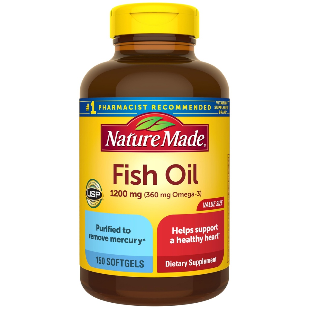 Nature Made Fish Oil Omega 3 Supplements, 1200 mg Softgels, Omega 3 Fish Oil for Healthy Heart Support, 150 Softgels, 75 Day Supply