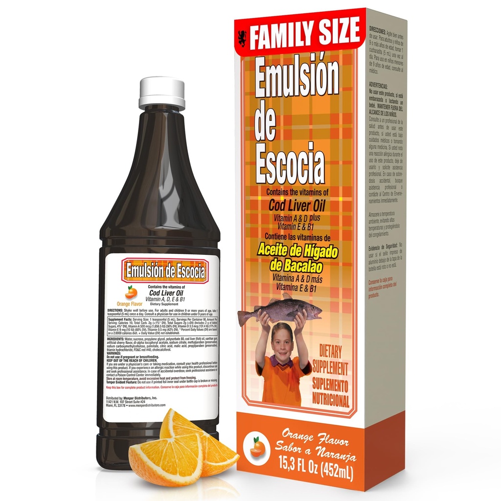 Emulsion de Escocia Orange – Cod Liver Oil for Kids with Omega 3 Fish Oil, Vitamin D and Essential Nutrients for Growth and Immune Support, Liquid Supplement 15.3 Fl Oz | Family Size