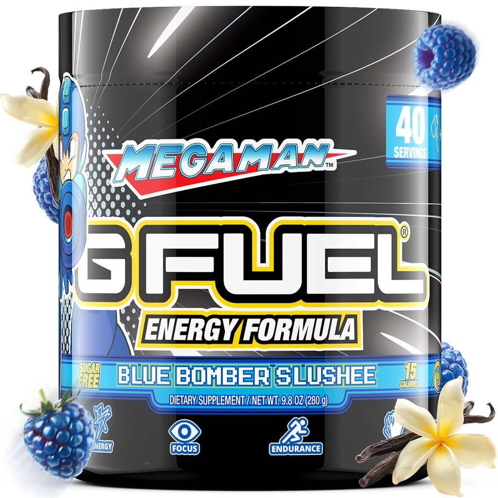 G Fuel Megaman Energy Drink Powder, Pre Workout Caffeine Mix for Gaming, Sugar Free Focus Amino, Vitamin + Antioxidants, 9.9oz (Blue Slushee, 40 Servings)