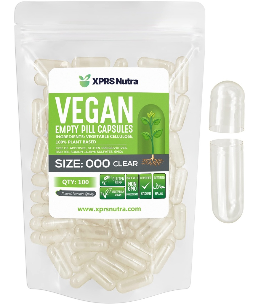 XPRS Nutra Vegan Size 000 Empty Capsules - 100 Count Clear Empty Vegan Capsules - Vegetarian Pill - DIY Vegetable Capsule Filling - Veggie Caps Pills