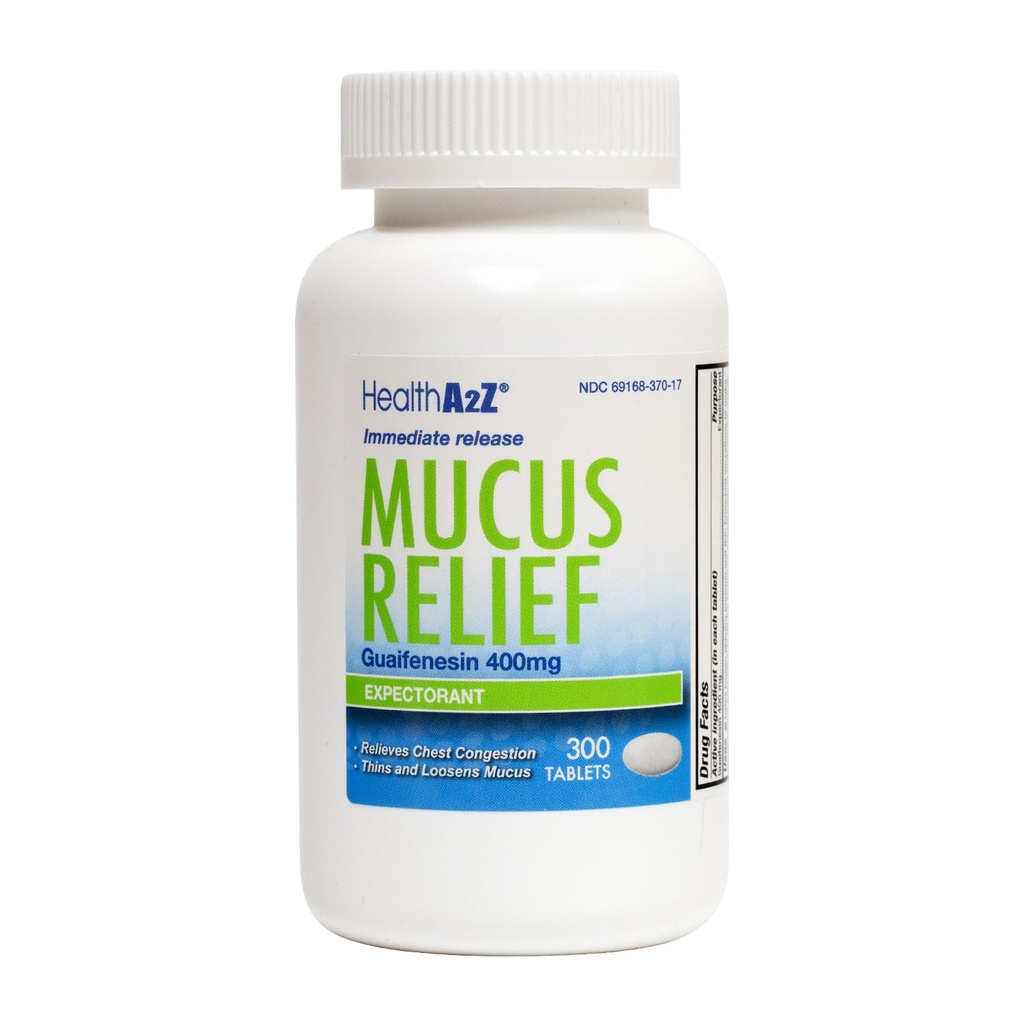 HealthA2Z® Mucus Relief, Guaifenesin 400mg, 300 Counts, Dye Free, No Benzene, Immediate Release Expectorant