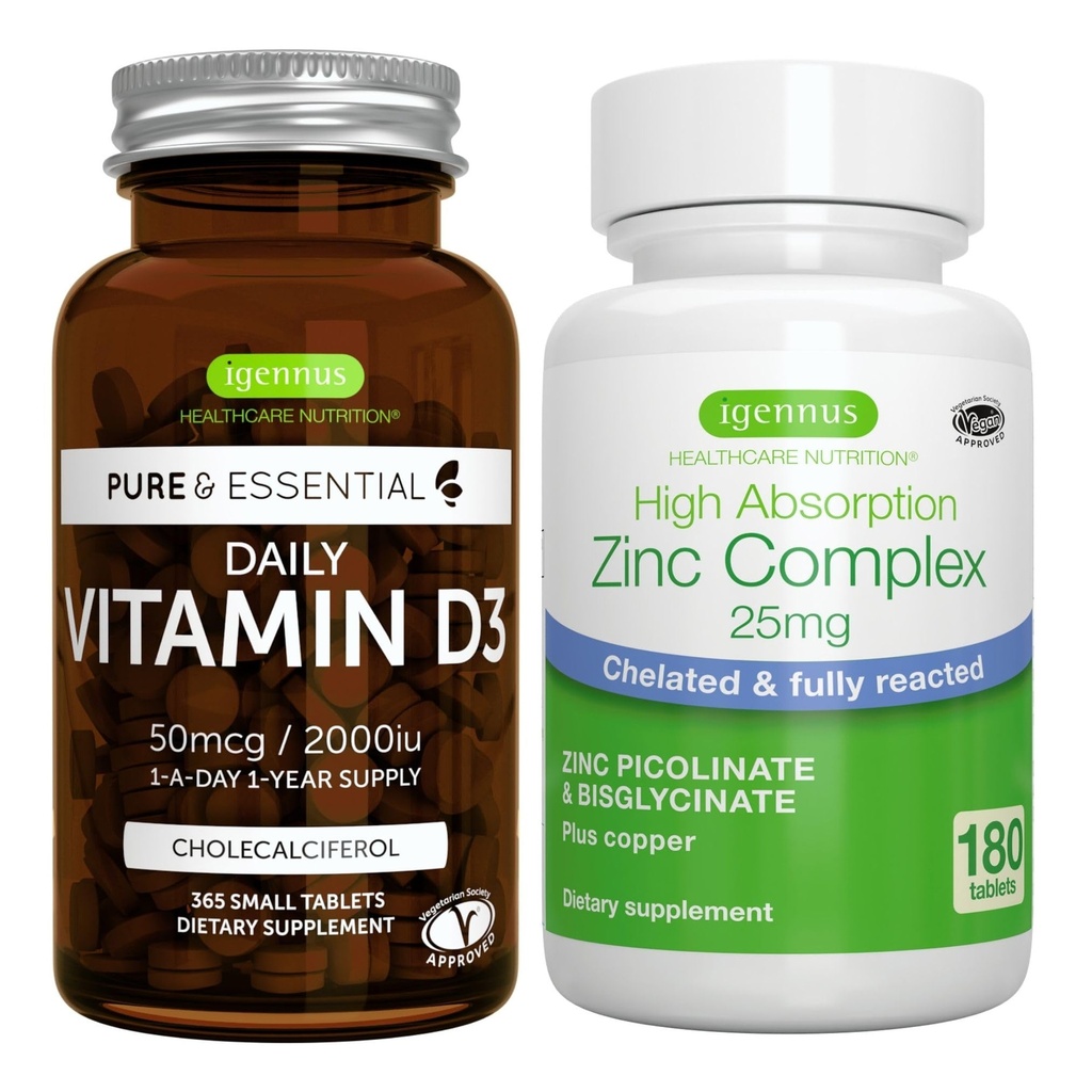 Daily D3 + çinko Kompleksi Vegetarian Sche, 365 2000iu Vitamin D3 Tablet + 25 mg Chelated çinko Picolinate & Bisglycinate with Copper, by Igennus