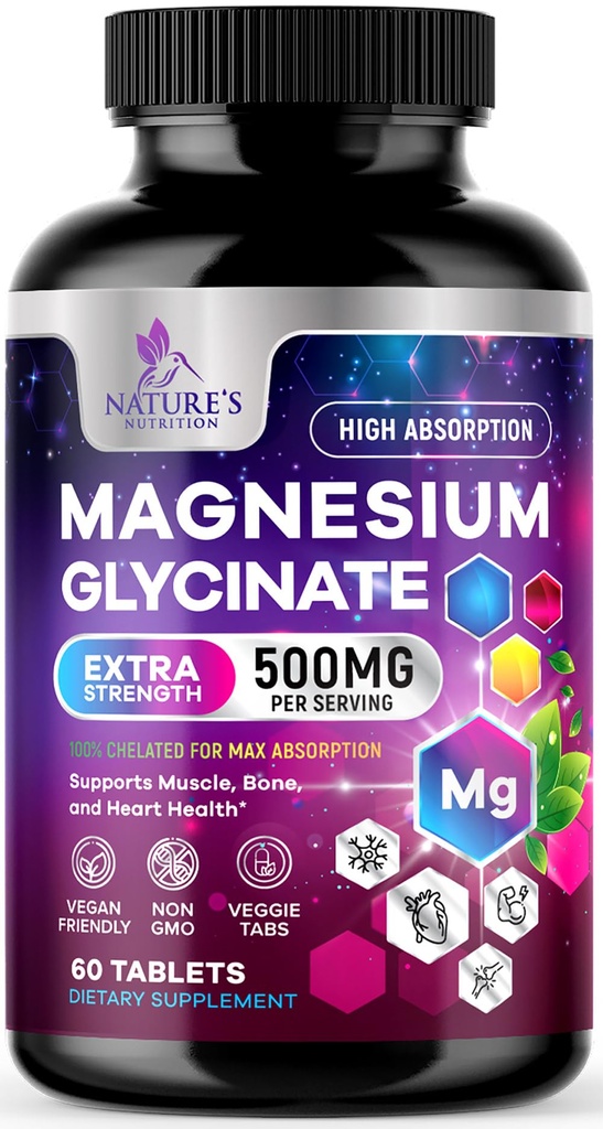 Magnezyum Glycinate 500 mg - Ultra Aborpsiyon için Chelated - Destekler Bone, Muscle, Nerves & Heart Health, Nature's Sleep Support, Best Magnezyum Supplement Pills for Whole Body Support - 60 Tabletler
