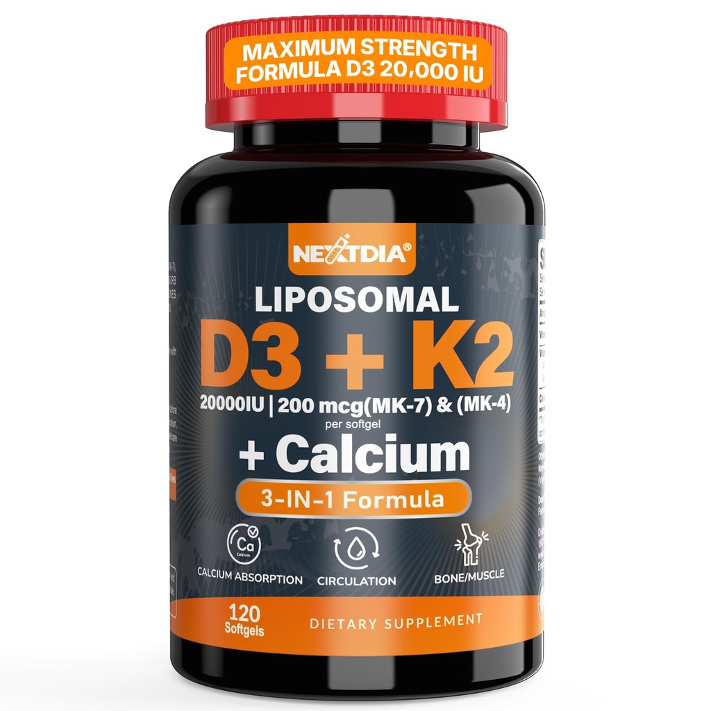 D3 20.000 IU + Vitamin K2 ( MK7)200 Live - Optimal Vitamin D3 & K2 Softgel - Güçlü Bones & Muscle, Food Abxia & Immune Support, Vitamin D Deficiencies, Easy to Swallow, Non GMO2