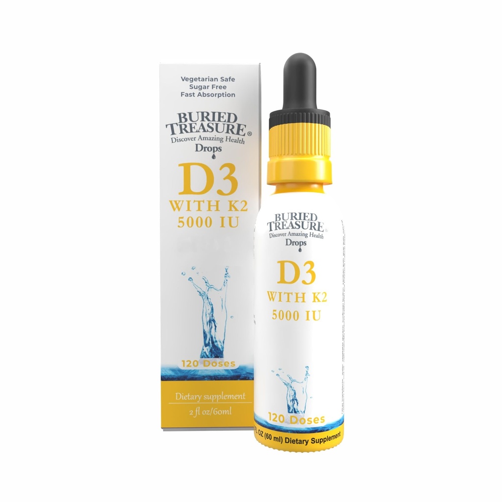 Buried Treasure Vitamin D3 & K2 Drops - 5000 IU D3 with 100 mcg K2 for Bone, Heart & Immune Support, Sugar Free, 2 fl ozzz