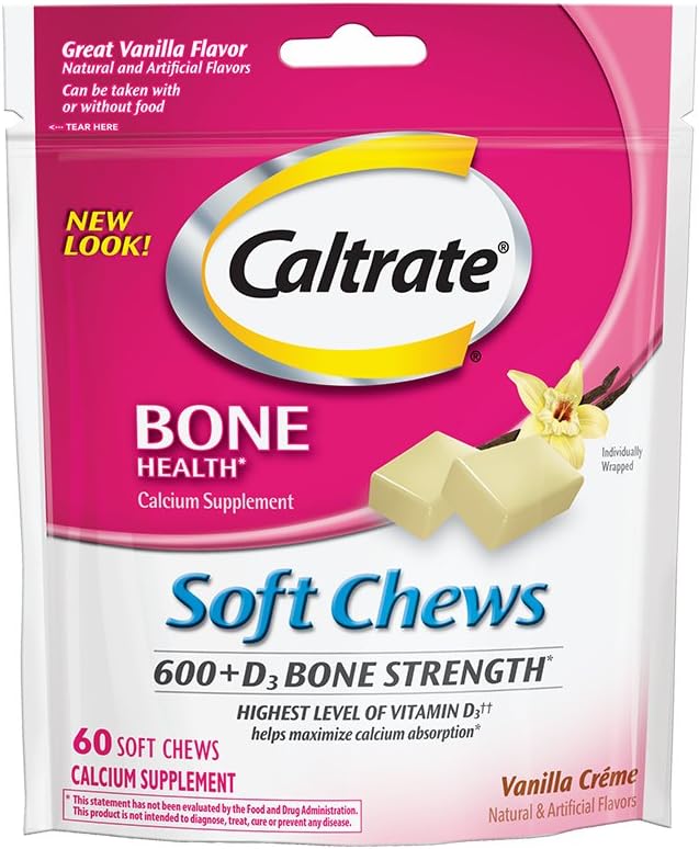 Caltrate 600+D3, Kalsiyum ve Vitamin D3 Tamam Yumuşak Chews, 600 mg (Vanilla Crème Flavor, 60 Kont)