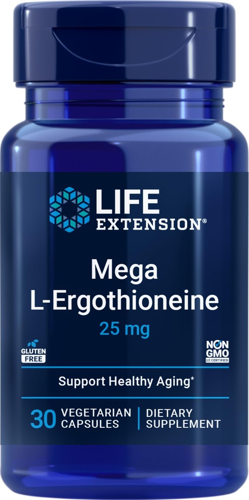 Life Extension Mega L-Ergothioneine, Healthy Aging Amino Acid, antioxidant, Powerful 25 mg dose, L-ergothioneine, Gluten-Free, Non-GMO, Vegetarian, 30 Capsules