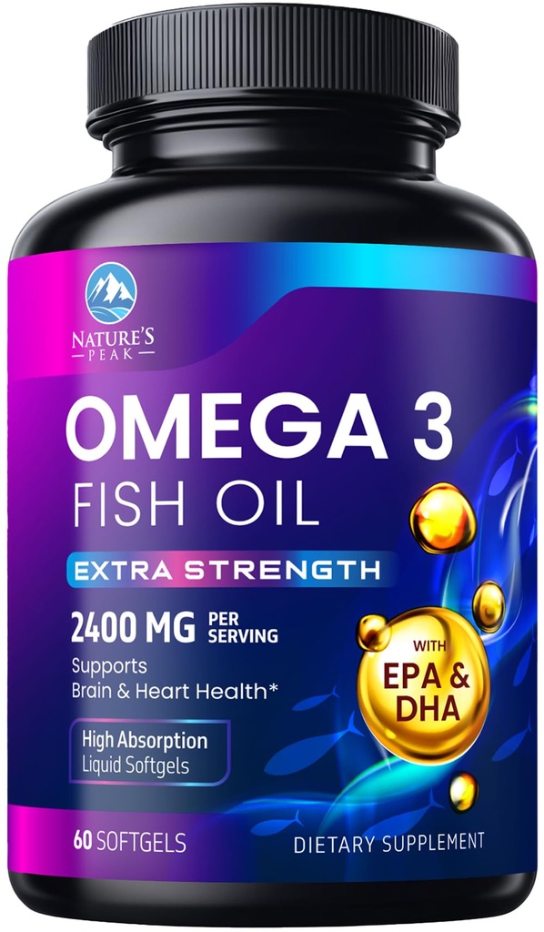 Omega 3 Fish Oil 2400 mg Supplement, Sustainable Sourced, Triple Strength Omega-3 Supplement Softgels, Brain Health Support, EPA & DHA Fish Oil Fatty Acids Supplements, Gluten & GMO Free, 60 Softgels