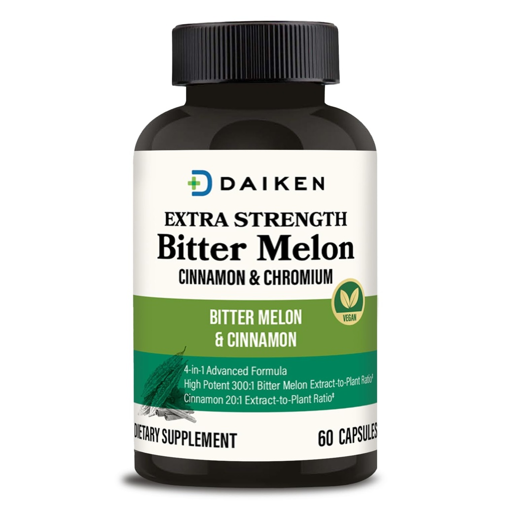 DAIKEN Bitter Melon, Cinnamon & Chromium, 90.000 mg Equivalent Per Ekstra Güçlü,% 100 Vegetarian Bitter Melon Capsules with Cinnamon Chromium & çinko, 60 Capsules