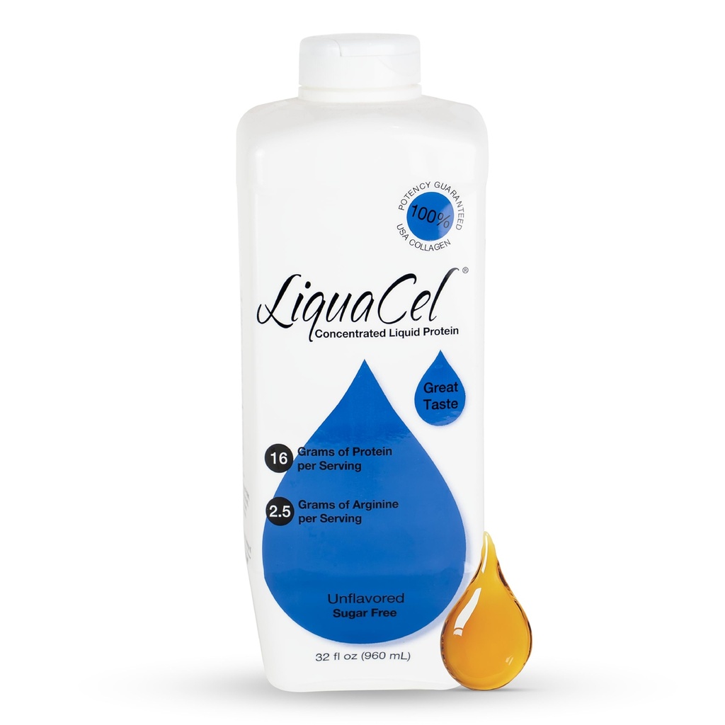 LiquaCel Concentrated Liquid Protein, Unflavored, Ready-to-Drink, 16g Hydrolyzed Collagen Protein and 2.5g Arginine Per 1oz Serving, Sugar & Gluten Free, 32 fl oz Bottle