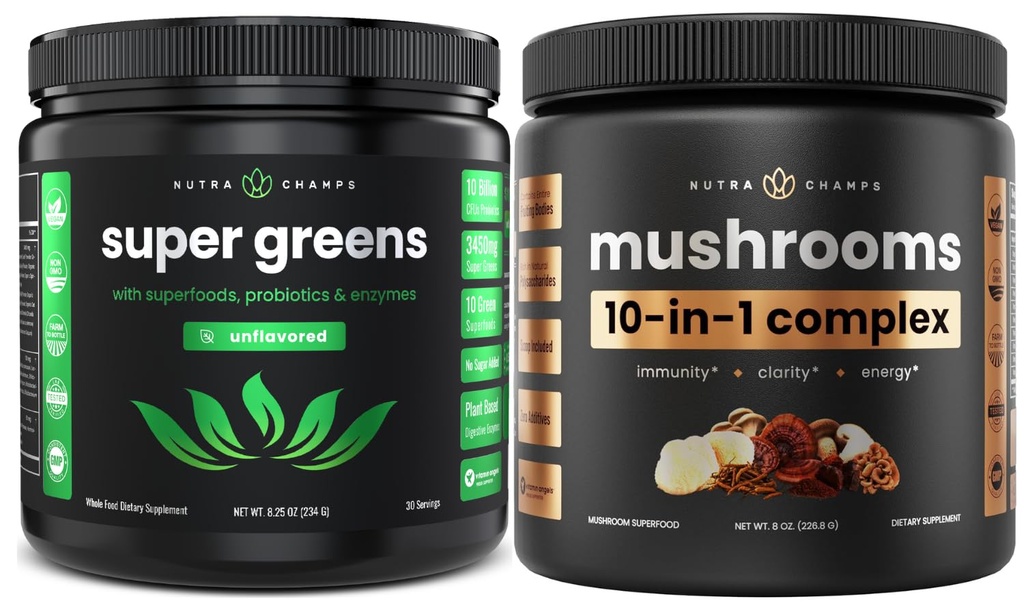 NutraChamps Super Greens Unflavored & Super Mushrooms: Ultimate Brain, Gut & Body Boost