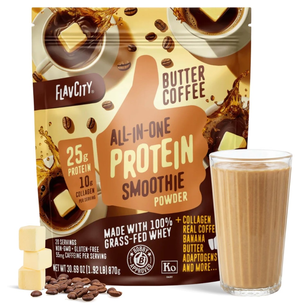 FlavCity Grass Fed Whey Protein Tozu - Butter Coffee - 25g Protein, 10g Collagen & 87 mg Caffeine - Organik Reishi & Cordyceps - Gluten Free & No Ek Olmayan Şekerler (20 Hizmetler)