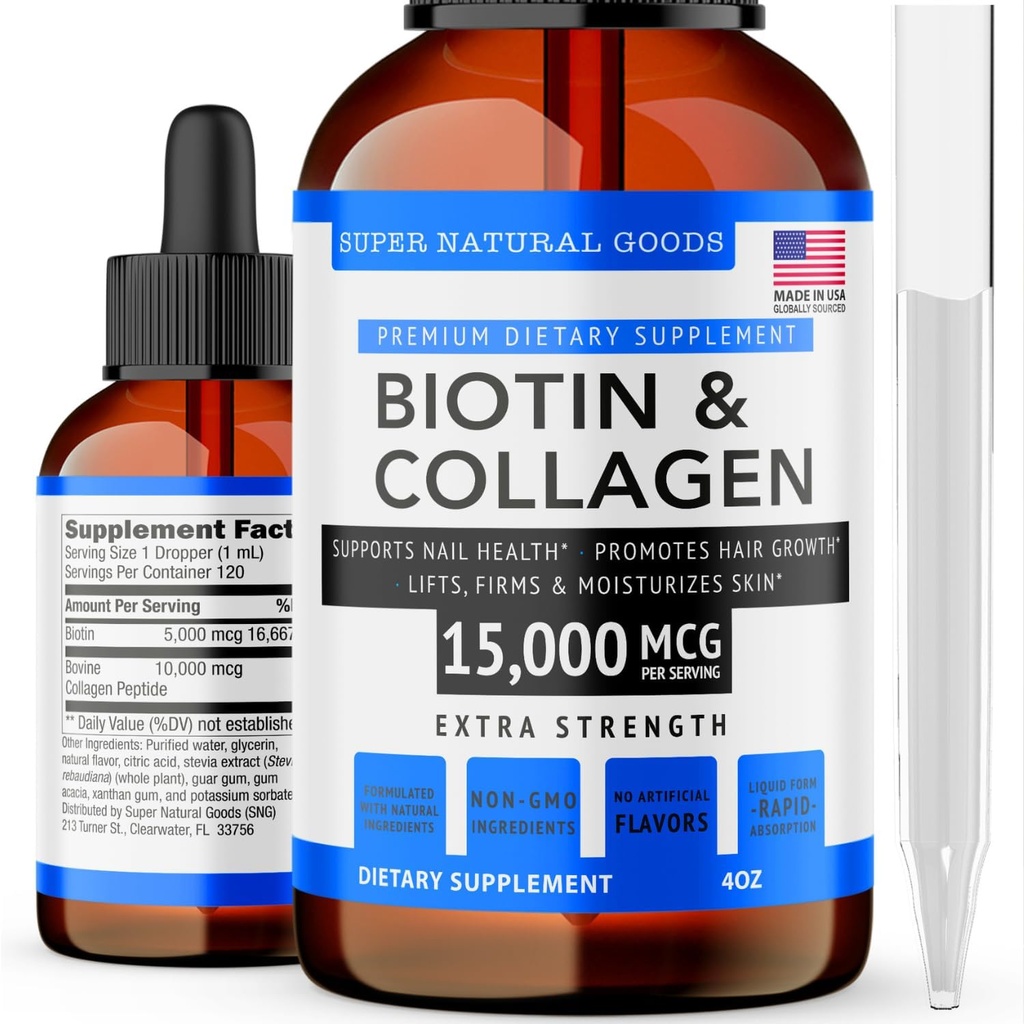 Super Natural Goods Biotin & Collagen Vitamins - Saç Kaybı, Gut Health, Anti-Aging, Skin Care & Nails - ABD'de Made in ABD, Non-GMO & Cruelty Free (4 Ounce- 15,000 s)