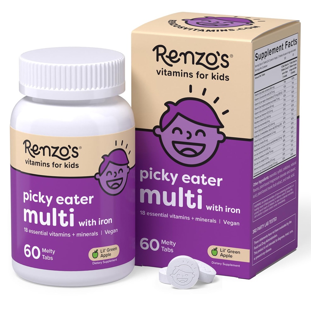 Renzo'nun Picky Eater Kids Multivitamin with Iron - Dissolvable Kids Vitamins with Iron, çinko, C, Vitamin D, E & K, Sugar-Free Melty Tabs, Green Apple Flavor, 60-Count (1-2 ay Supply)