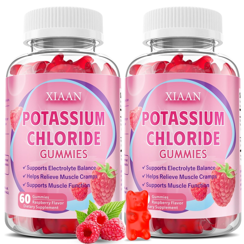 Potassium Gummies for Women & Men, High Dose Potassium Chloride Supplement Gummies for Leg Cramps & Electrolyte Balance, Vegan/Sugar-Free/Gluten Free, Raspberry Flavor 120 Count