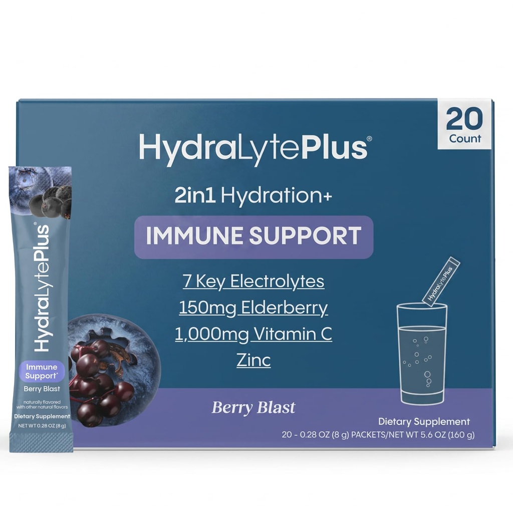 Hydralyte Electrolytes Plus Immunity, Elderberry - Low Sugar Rapid Rehidr Toz - Işıkly Sparkling Electrolyte Toz Paketleri 1.000 mg C ve 300 mg Elderberry (8oz Serve, 20 Count)