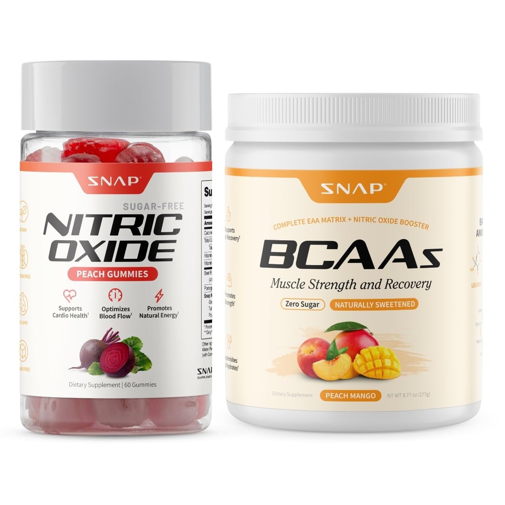 Snap Supplements Nitric Oxide Beet Root Gummies + BCAA Powder Bundle, 60 Sugar-Free Peach Gummies + 30 Servings Peach Mango