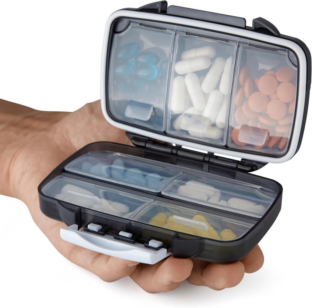 Travel Pill Organizer - Moisture Proof Portable Vitamin Holder with 7 Compartments, Compact Supplement Case for Purse Essential Medicine Kit fot Traveling Pocket Pharmacy with Labels, Black