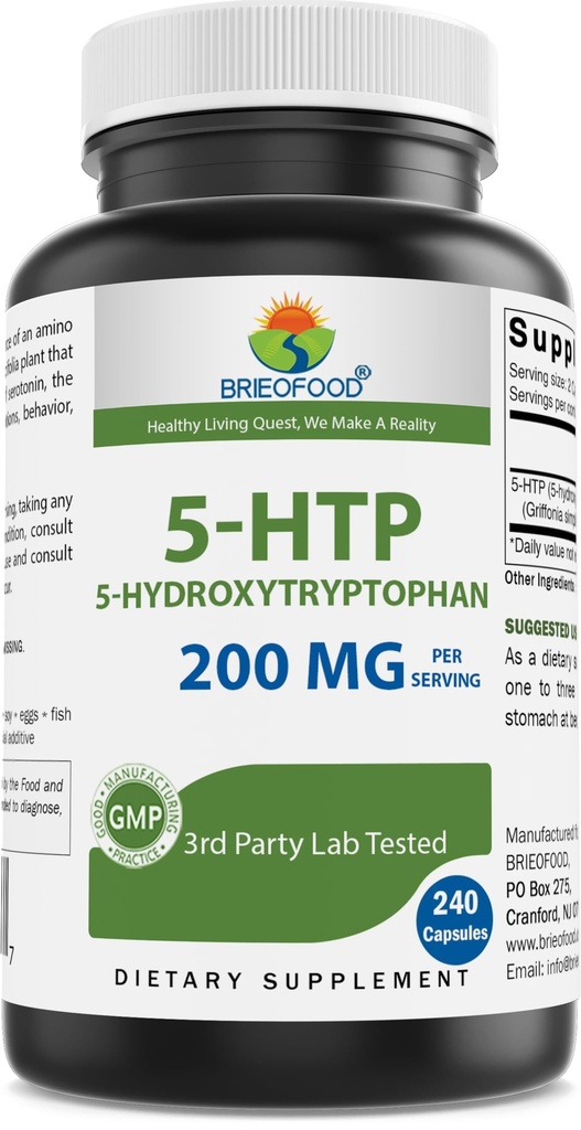 Brieofood 5-HTP 200 mg hizmet başına - 240 Capsules - Sağlıklı Rahatlama için 5Hydroxytryptophan - 3rd Parti Lab Test Edildi